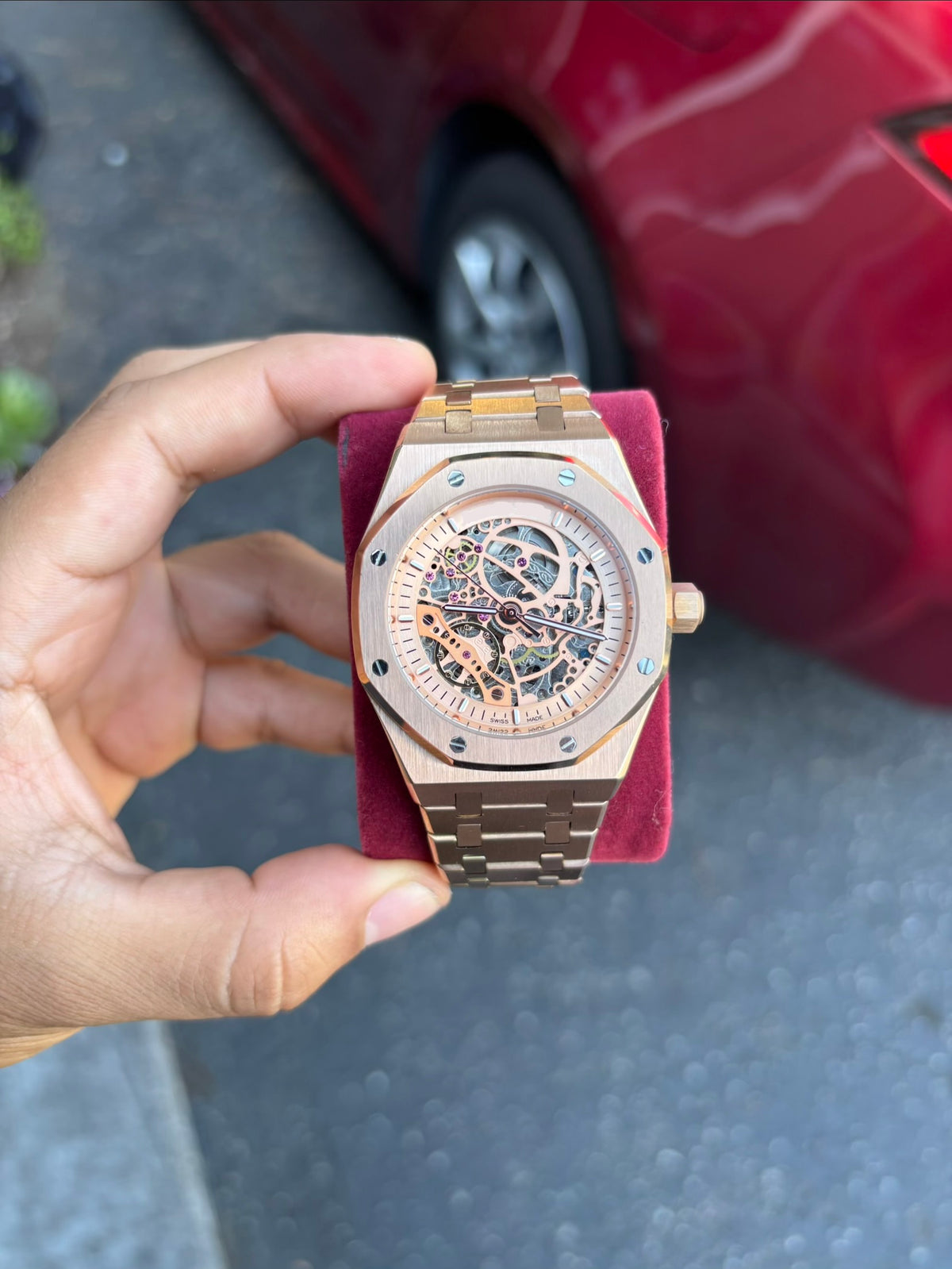 Rose gold skeleton watch